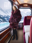 Burgundy fox fur stroller-length jacket, front-facing view with voluminous collar