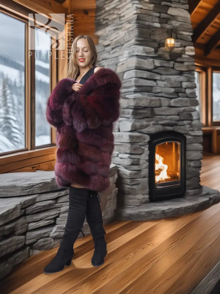 Burgundy fox fur stroller-length jacket, front view with rounded fur hem