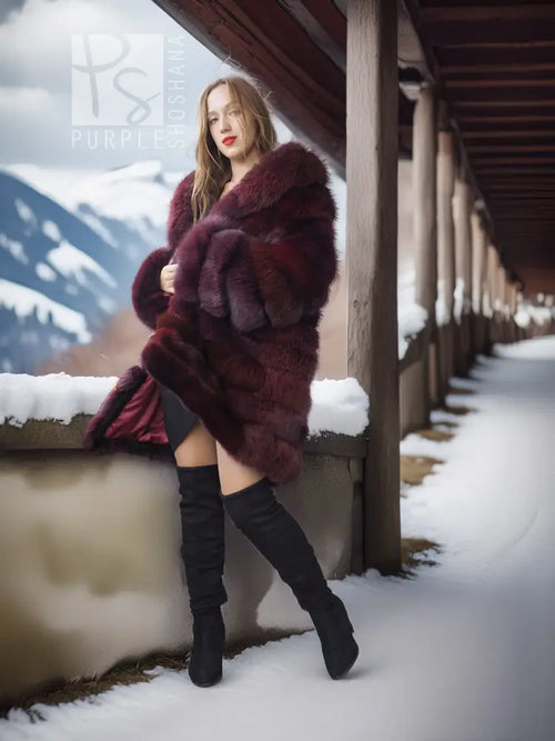 Burgundy fox fur jacket, stroller length, side profile with chunky fur trim