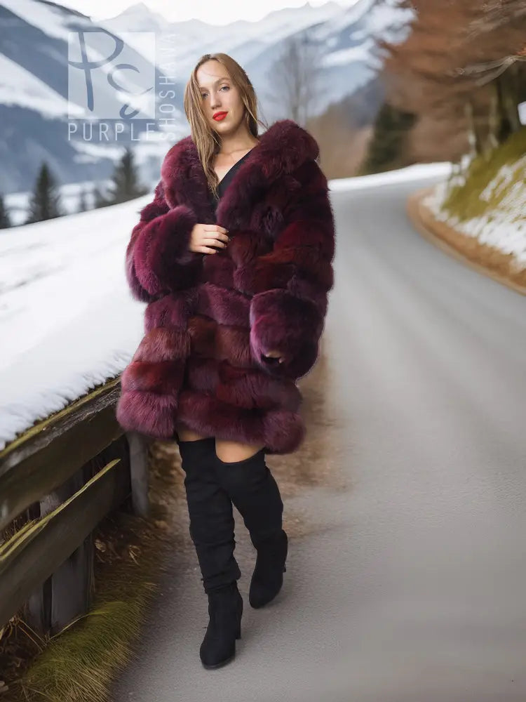 Burgundy fox fur jacket, stroller length, thick fur texture and wide neckline