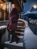 Burgundy fox fur stroller-length jacket, close view of horizontal fur rows