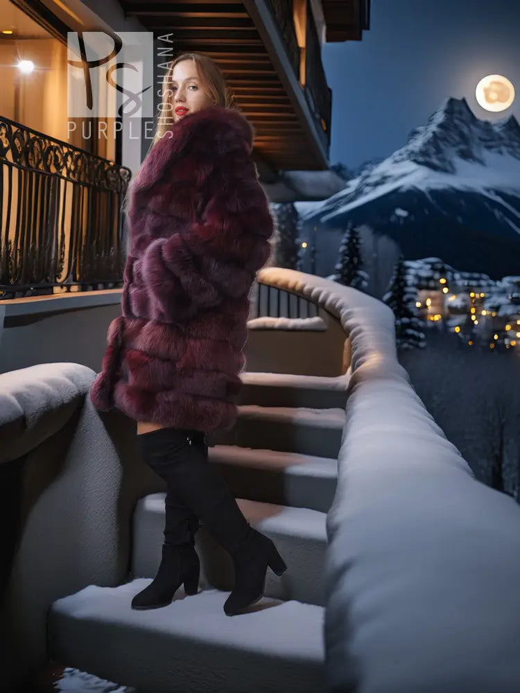Burgundy fox fur stroller-length jacket, close view of horizontal fur rows