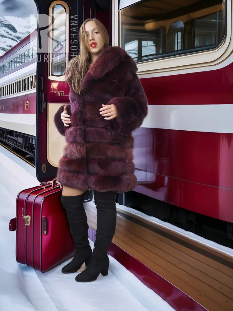 "Cabin No. 5" - Burgundy Fox Fur Jacket Stroller Length XS