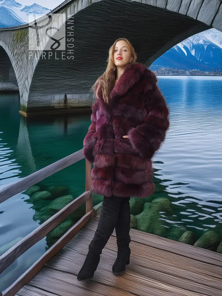 Burgundy fox fur jacket, stroller length, full-length front with wide fur collar