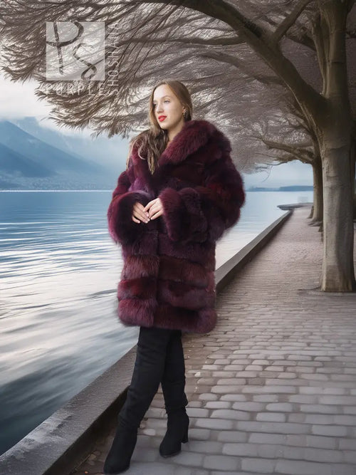 Burgundy fox fur jacket with full sleeves and button-front design