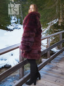 Burgundy fox fur stroller-length jacket with plush collar and layered fur front