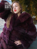 Burgundy fox fur jacket, stroller length, detailed fur shoulder and collar