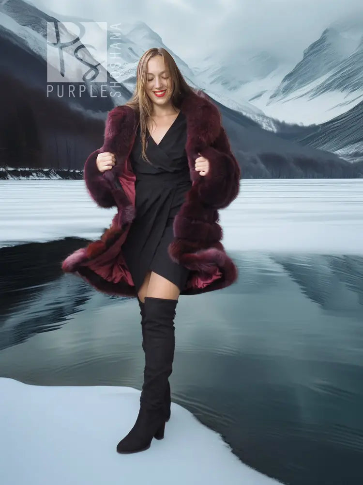 Burgundy fox fur jacket, stroller length, front view with wide collar