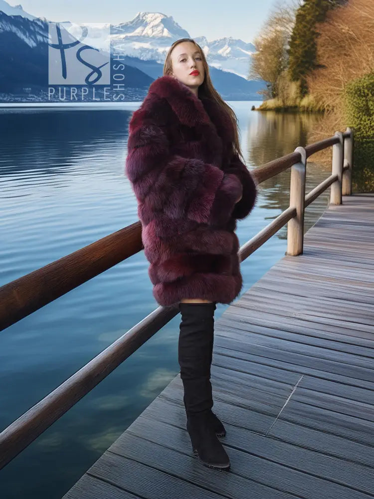 Burgundy fox fur stroller-length jacket with wide shawl collar