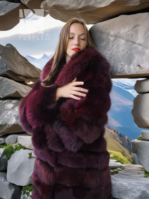 Burgundy fox fur jacket, stroller length, close-up of plush fur collar