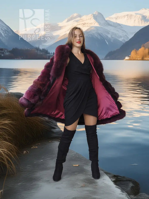 Burgundy fox fur stroller-length jacket with open front and shawl collar