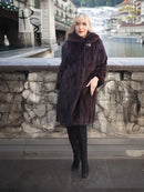 Dark mink fur hooded coat, button-front, long length and full sleeves