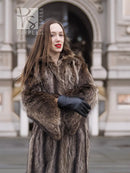 Raccoon fur coat collar and shoulders, black gloves, open front
