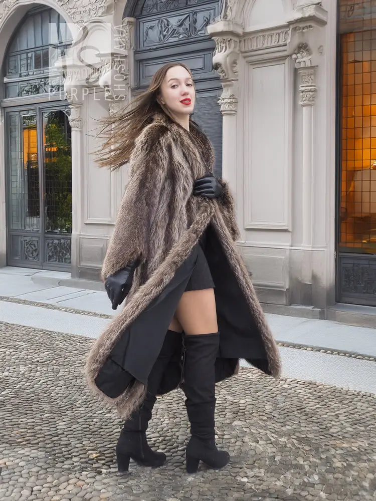 Raccoon fur coat with wide sleeves, scalloped hem, front 3/4 view