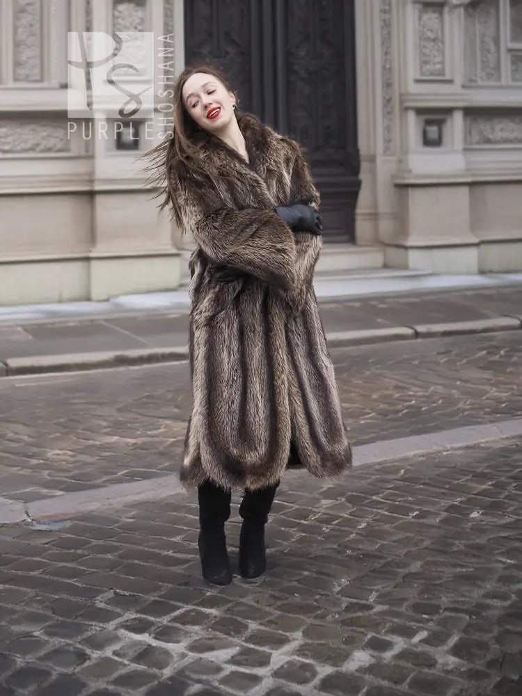 Dark brown long fur coat with raised collar and side pockets