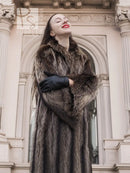 Dark brown raccoon fur coat with oversized fur collar and long, straight silhouette