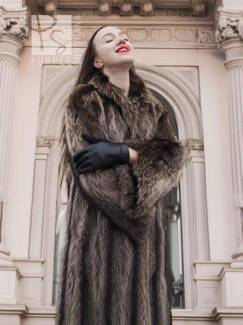 Dark brown raccoon fur coat with oversized fur collar and long, straight silhouette