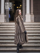 Dark brown long fur coat with raised collar and side pockets