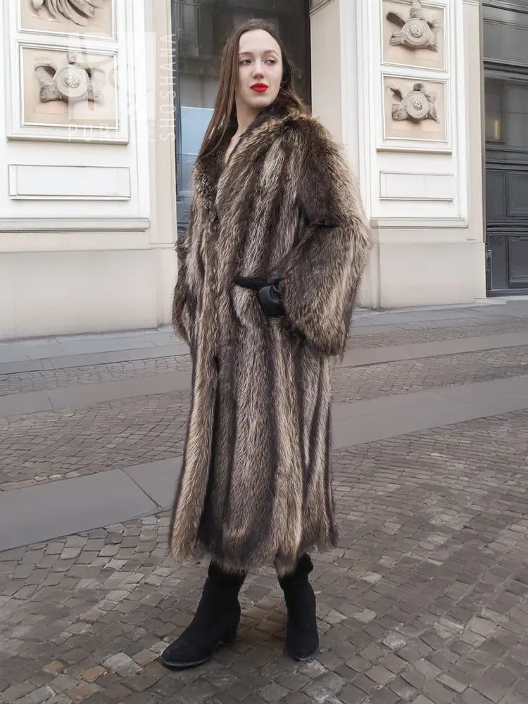Raccoon fur coat with scalloped hem, belted look at waist, front full length