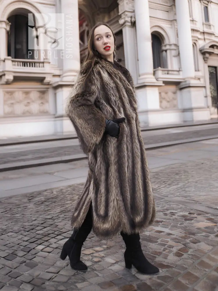 Raccoon fur coat in dark brown with flared hem and open front, side view