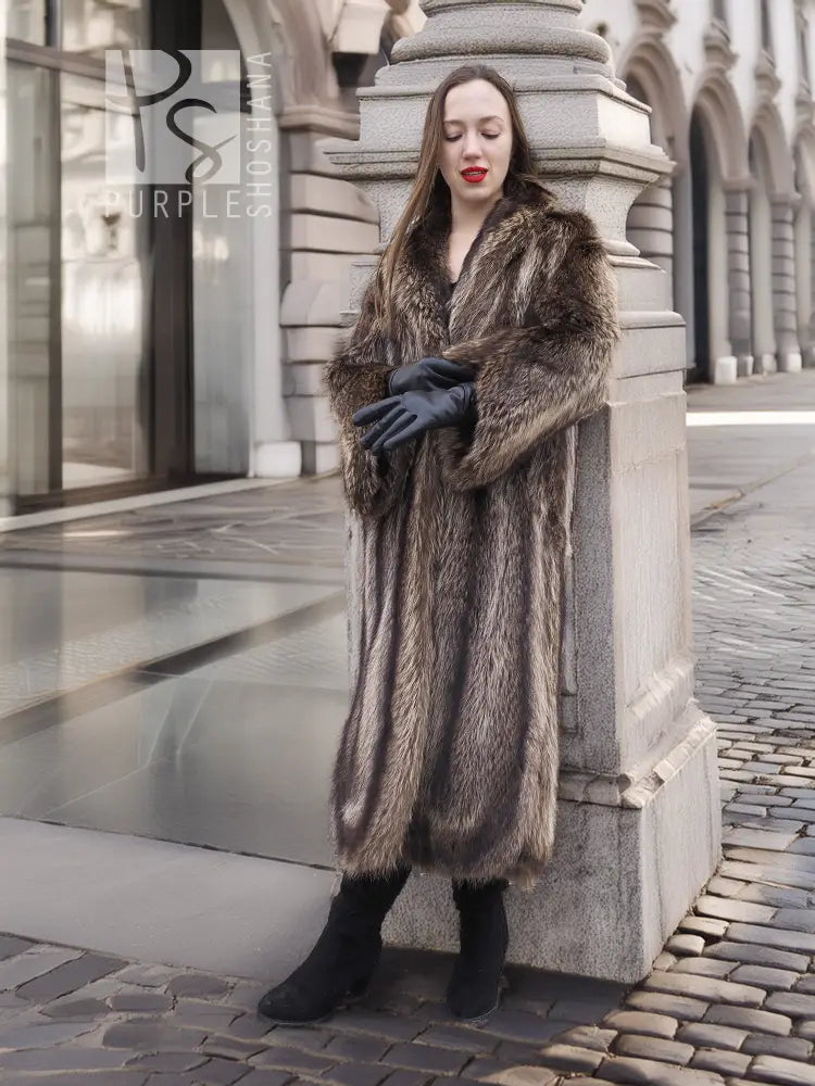 Raccoon fur coat in dark brown with open front and thick collar, arms folded