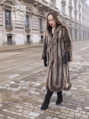 Long raccoon fur coat with scalloped hem, textured dark shag, front view