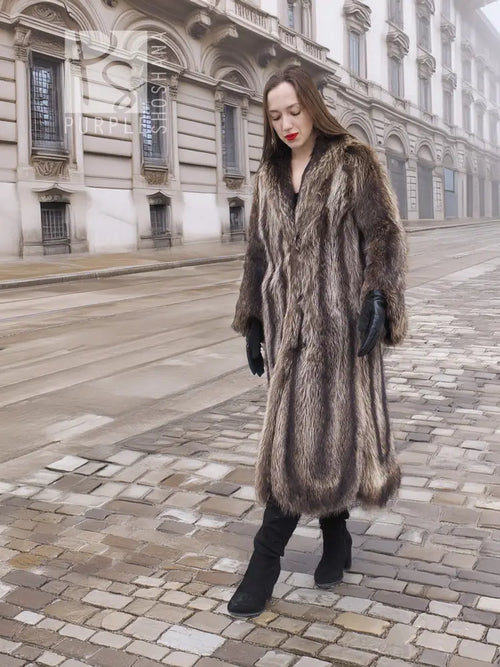 Long raccoon fur coat with scalloped hem, textured dark shag, front view