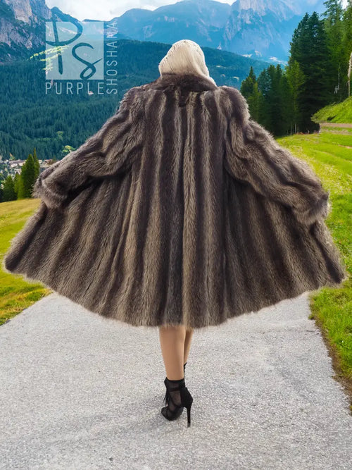 Raccoon fur coat with detachable hood, dark brown, back silhouette with gathered shoulders