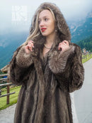 Raccoon fur coat with detachable hood, dark brown, open-front style