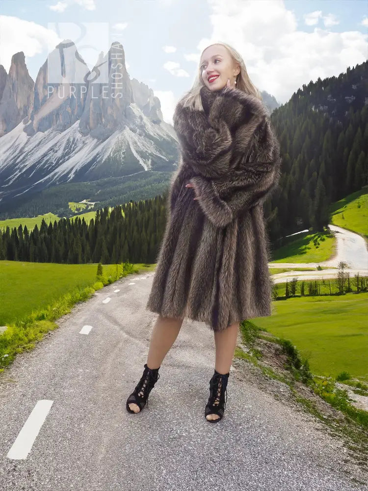 Raccoon fur coat with detachable hood, dark brown, front view with fur sleeves and skirt