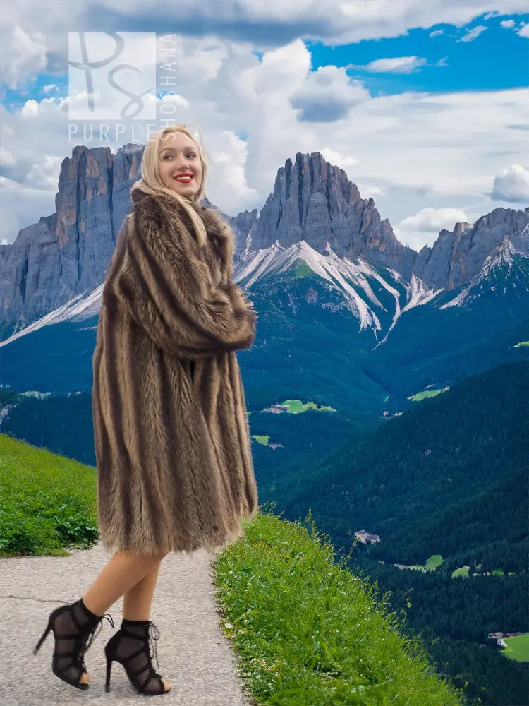 Raccoon fur coat with detachable hood, dark brown, long sleeves and knee-length hem