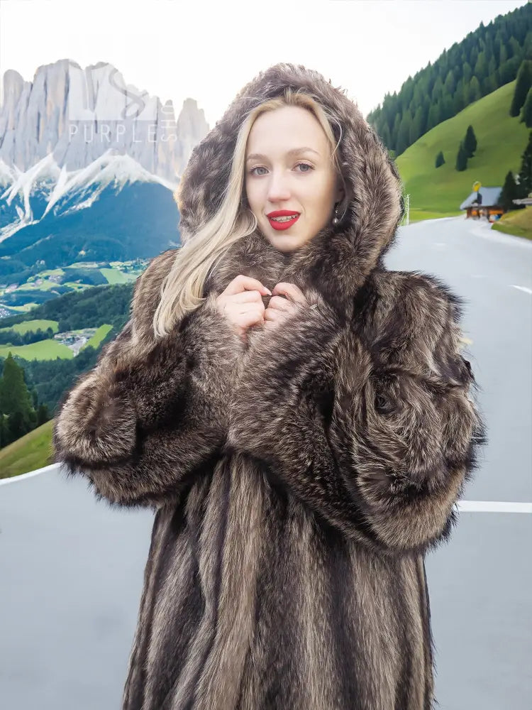 Fur hooded coat with textured dark fur, wide shoulders and button-free front
