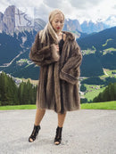 Raccoon fur coat with detachable hood, dark brown, front view with wide fur collar