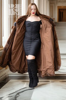 Brown mink fur full-length coat with open front, wide collar, and long sleeves