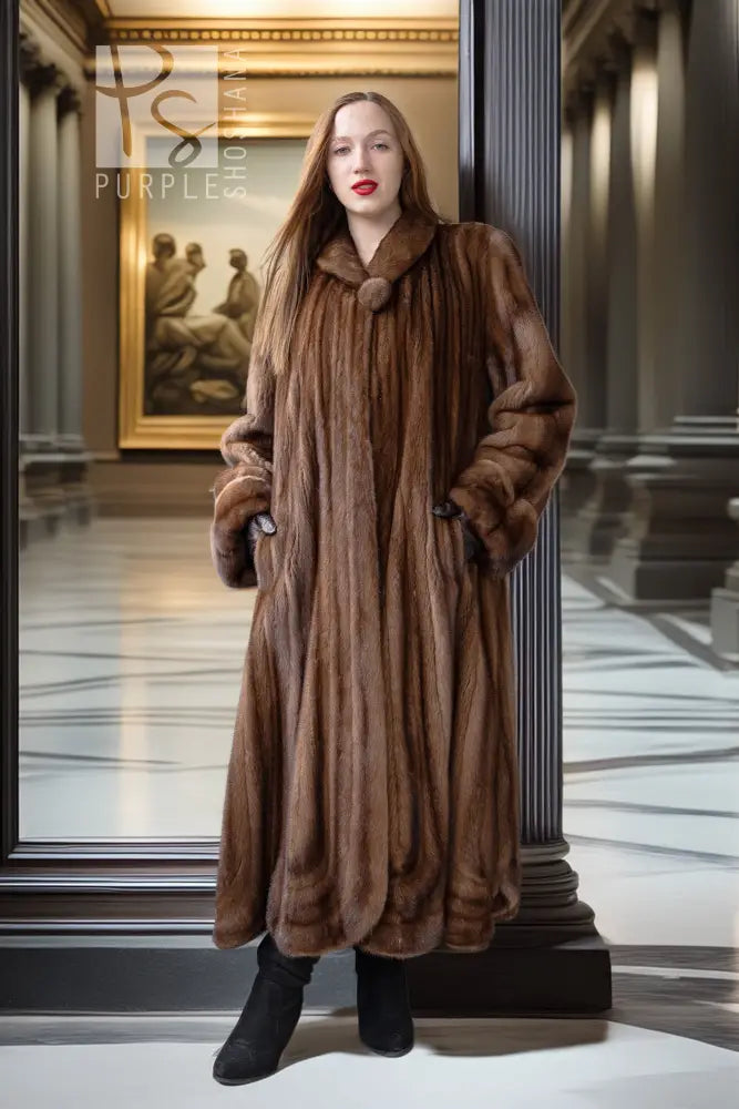Brown full-length mink fur coat with plush collar and symmetrical front