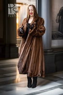 Brown mink fur full-length coat with wide collar and button front, long sleeves