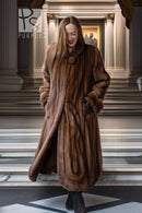 Brown mink fur coat with round collar and center-front button detail