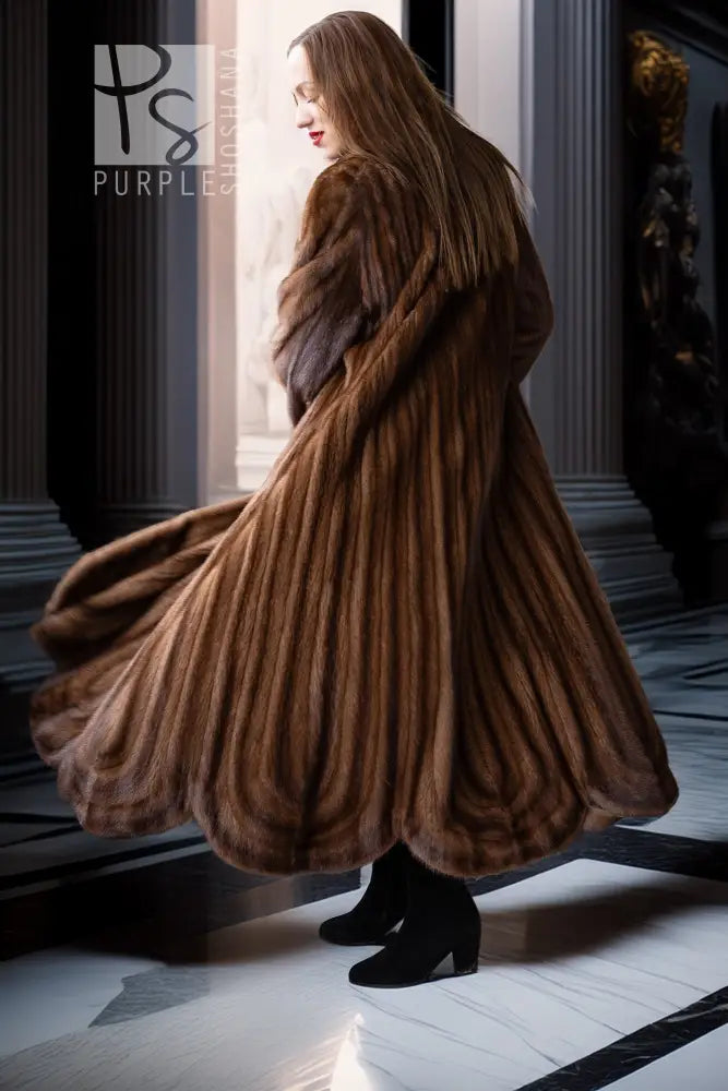 Brown full-length mink fur coat with flared hem and thick collar, side profile