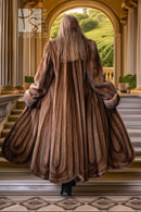 Brown full-length mink fur coat, back view, wide pleated skirt and large collar