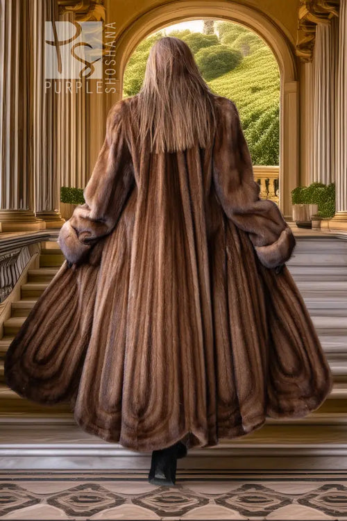 Brown full-length mink fur coat, back view, wide pleated skirt and large collar
