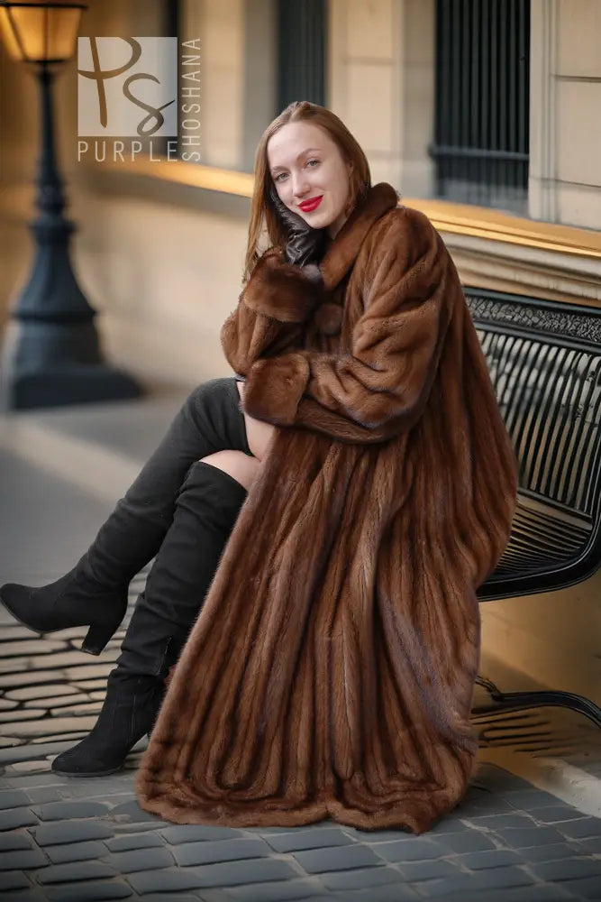 Brown mink fur coat with large collar detail, thick fur texture, full-length hem