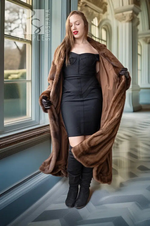 Brown mink fur full-length coat with wide shawl collar, button front, long sleeves