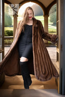 Brown mink fur coat with draped open front and circular collar detail
