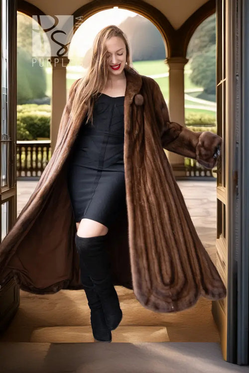 Brown mink fur coat with draped open front and circular collar detail
