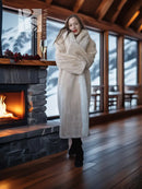 Sheared beaver fur coat with fox trim, light champagne, front full-length view