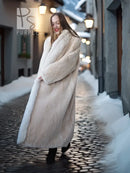 Sheared beaver fur coat with fox trim, light champagne, side view walking