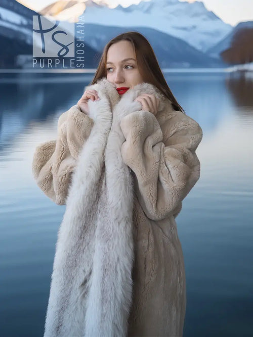 Champagne fur coat close-up, plush hoodless collar and full-length texture