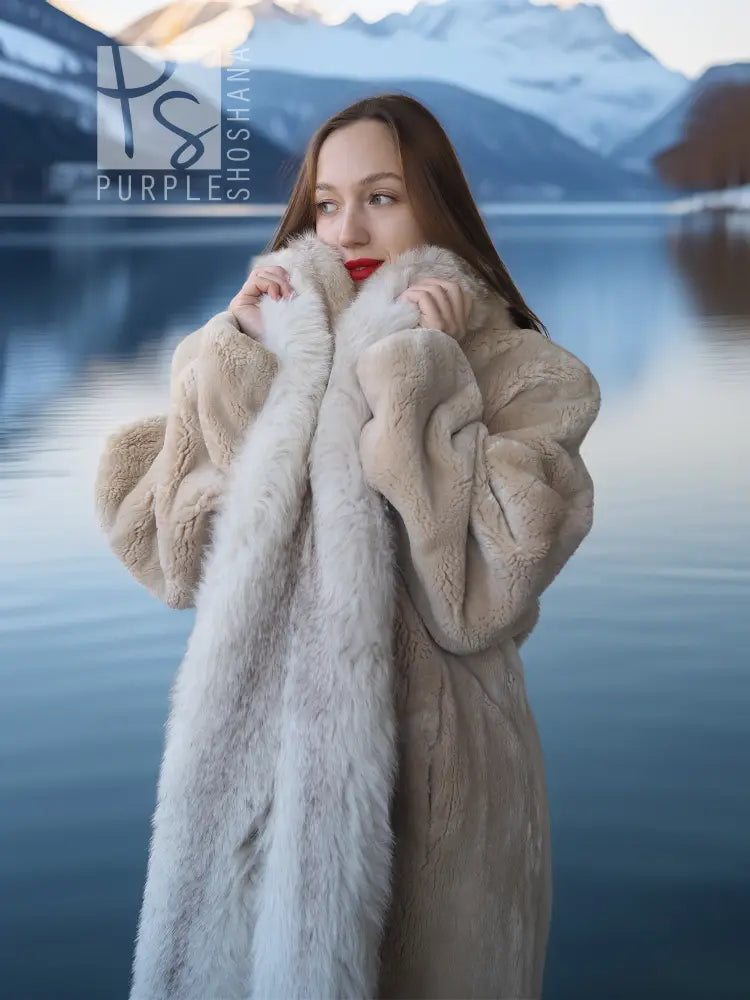 Champagne fur coat close-up, plush hoodless collar and full-length texture