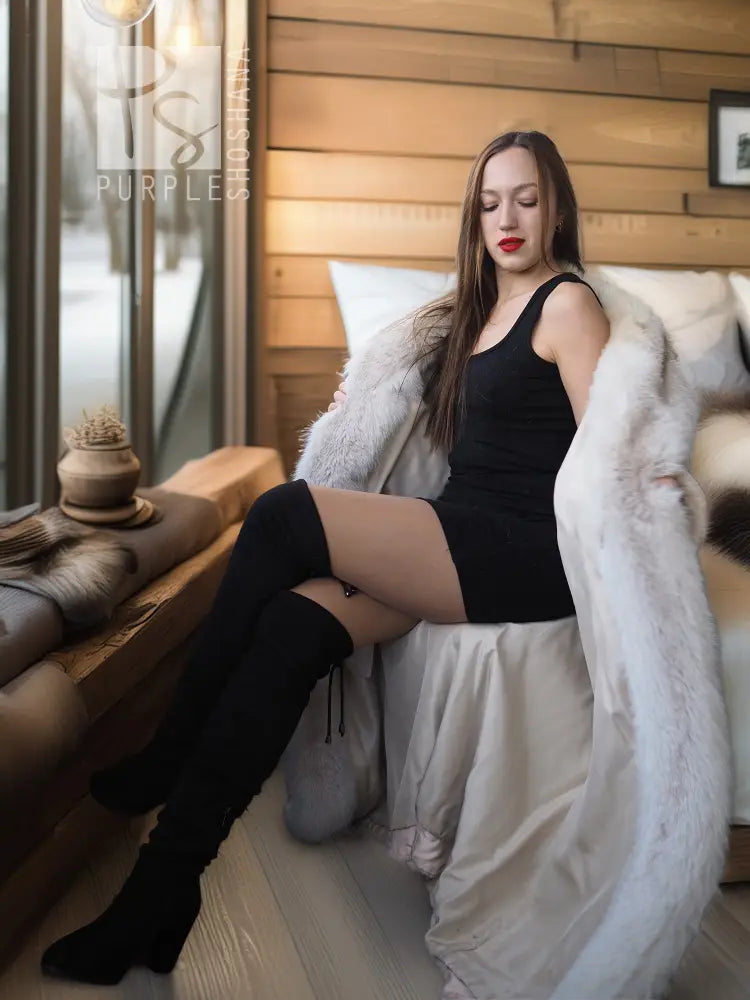 Sheared beaver fur coat with fox trim, light champagne, seated with black dress