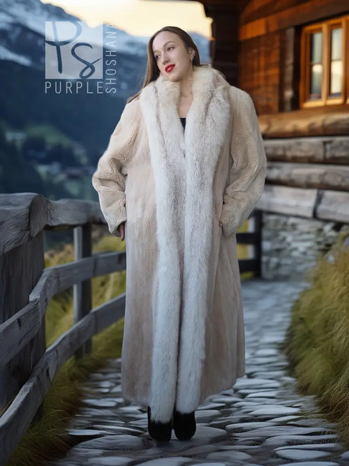 Sheared beaver fur coat with fox trim, light champagne, standing full-length front view